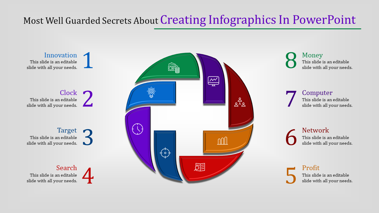 Circular infographic design with eight colorful, curved segments, each with icons and numbered captions.