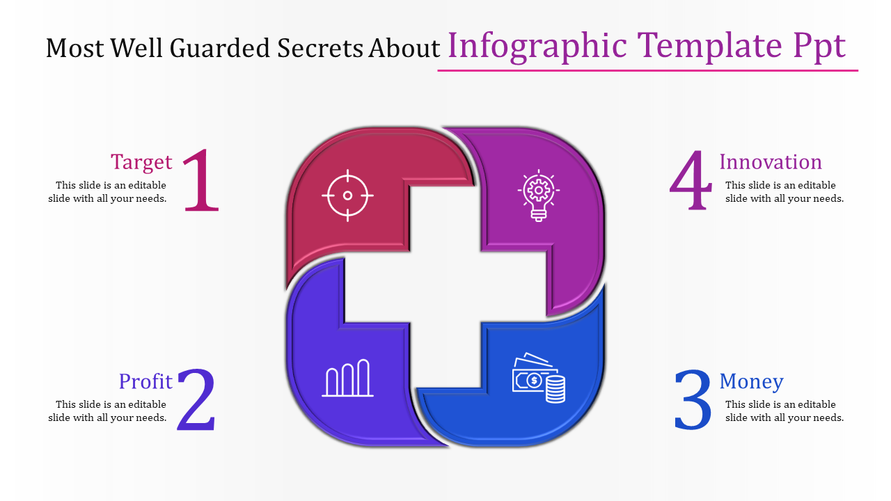 Colorful square infographic with curved segments in red, pink, blue, and purple, labeled with numbered captions and icons.