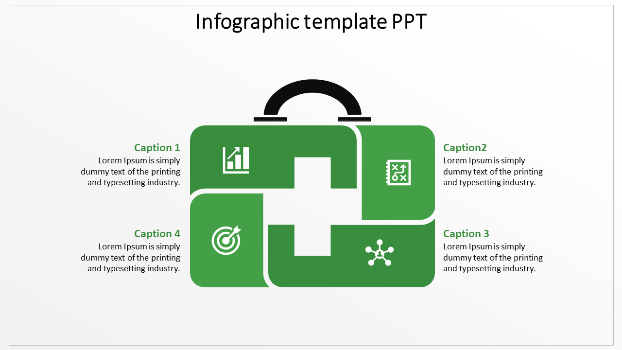 Template featuring a suitcase with four blocks in green, each with an icon and description, forming a central cross shape.