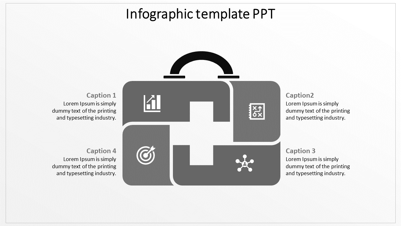 Infographic slide with icons representing analytics, strategy, target goals, and connections within a grey suitcase design.