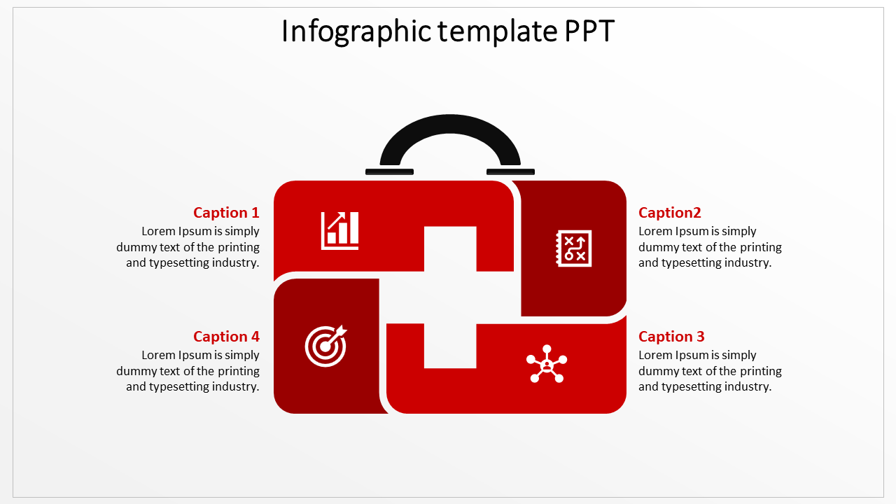 Red suitcase style infographic divided into four sections, each with an icon and caption for business concepts.