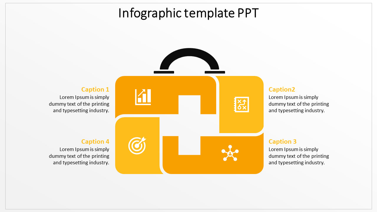 Infographic slide with icons representing analytics, strategy, target goals, and connections within a yellow suitcase design.