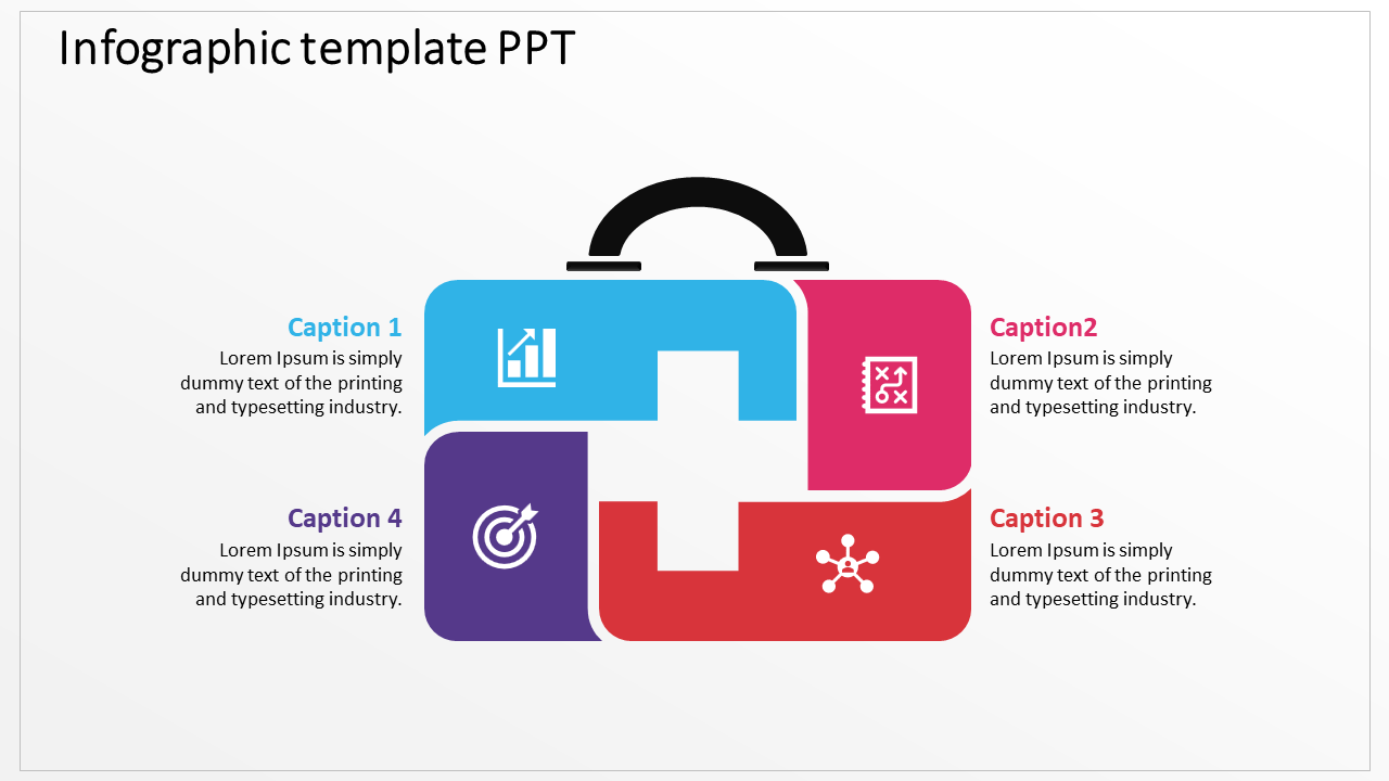 Infographic showing a suitcase-shaped layout with four colorful sections containing icons and placeholder text areas.