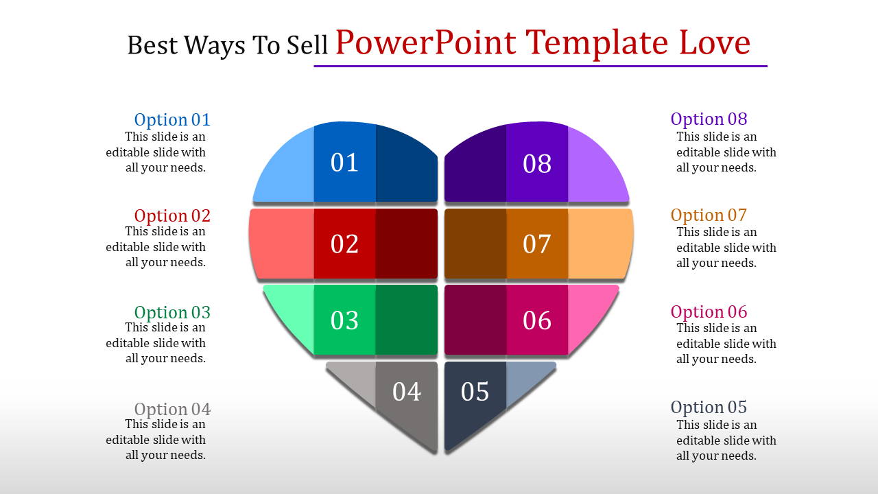 Heart shaped infographic divided into eight colorful segments numbered 01 to 08, with options listed on both sides.