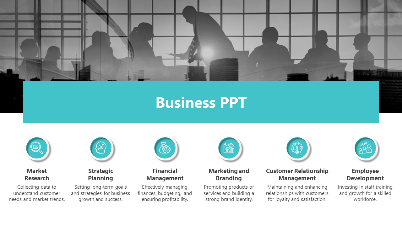 Business slide showing six key areas with icons: market research, planning, financials, branding, CRM, and employee training.