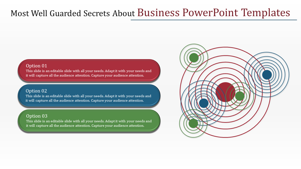 Business infographic with three color options on the left and abstract concentric circle designs in red, green, and blue.