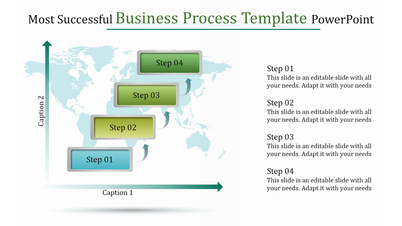  Template featuring a four-step process with green blocks and upward arrows, with a world map background and caption areas.