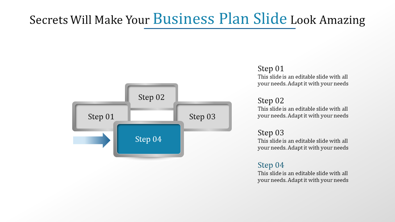 Business plan slide with four steps, including step 4 highlighted in blue, and matching captions listed on the right.