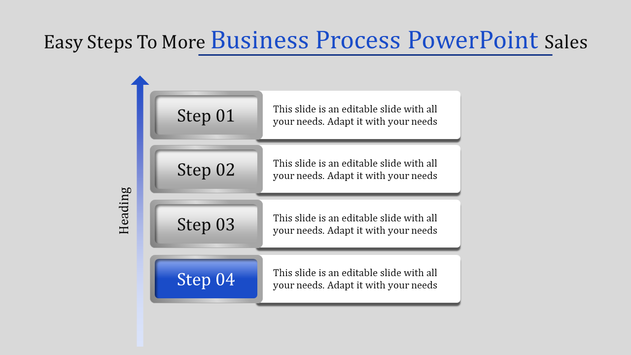 Business process slide with four horizontal steps, step 4 highlighted in blue, and a vertical heading arrow on the left.