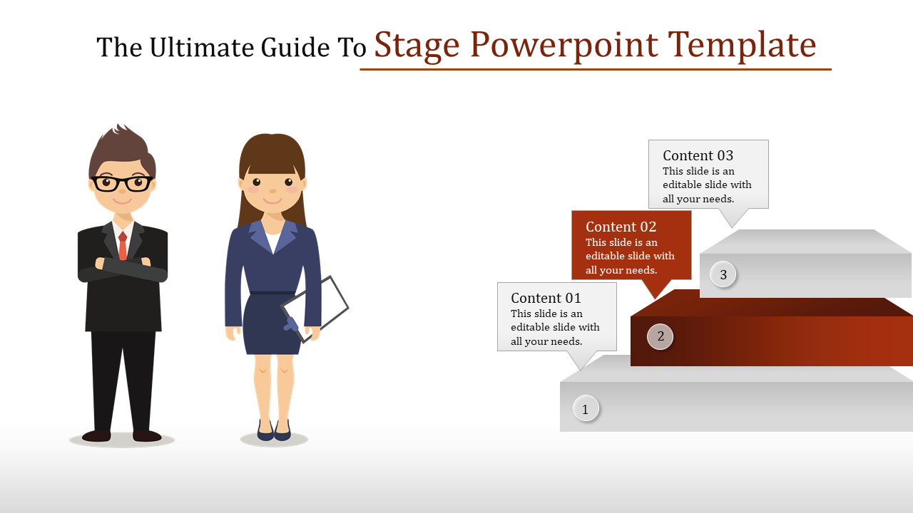 PowerPoint template with two characters, one male and one female, standing beside a three step structure with content boxes.