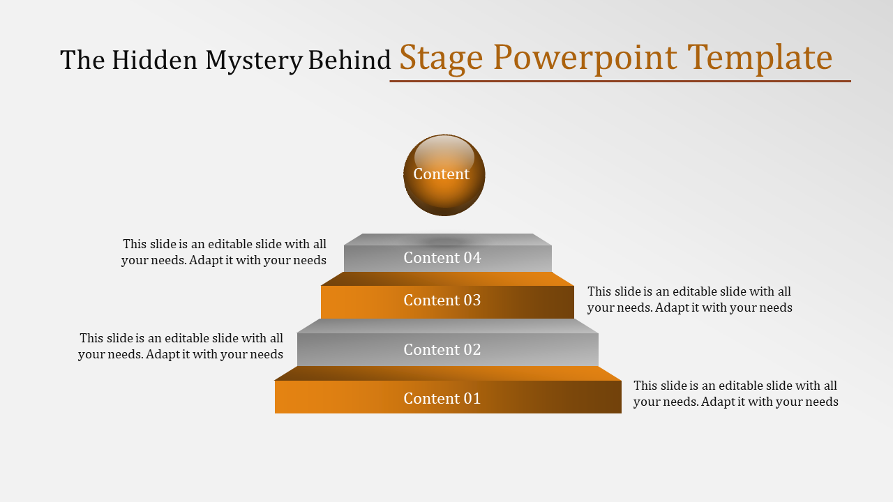 Stage PowerPoint template with a pyramid design, featuring four content sections with a central ball labeled Content.