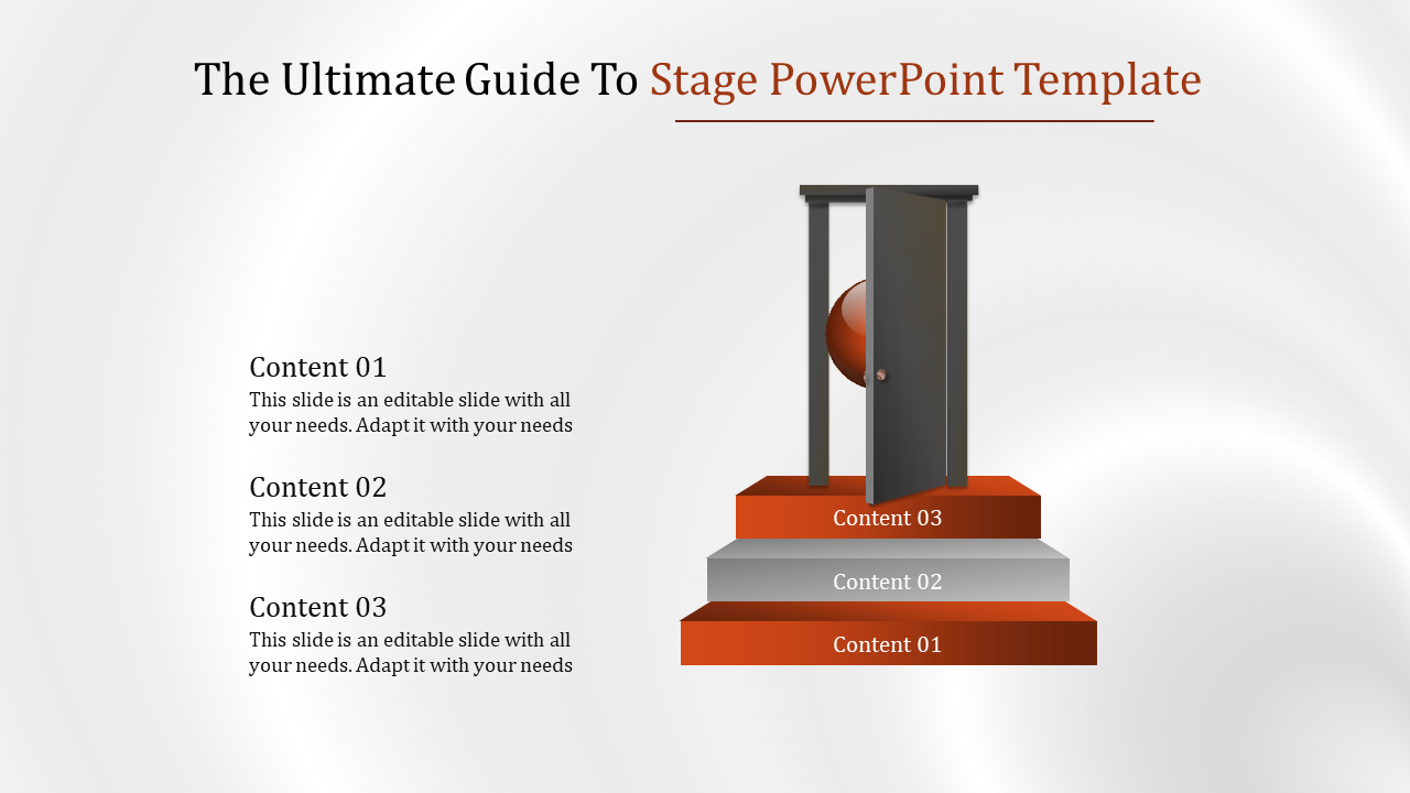 Three step stage infographic with a door on top, labeled with three caption areas, and text descriptions on the left.