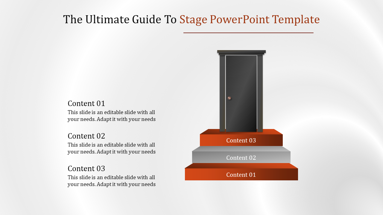 Three red and gray steps labeled 01 to 03 leading to a closed black door, with content text on the left.