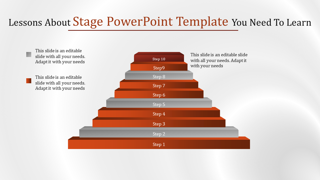 A stage PowerPoint template showing 10 steps, with varying shades of orange and gray to represent progress.