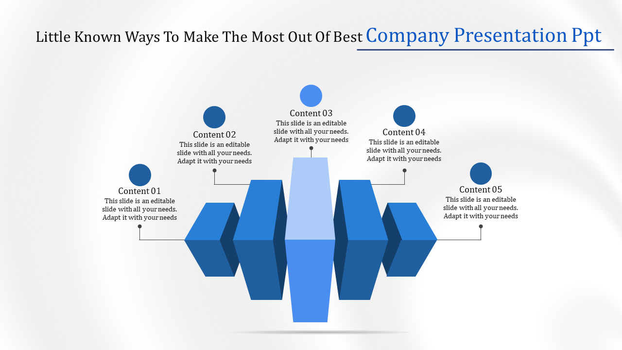 A PowerPoint template featuring five content blocks arranged in a geometric pattern, with instructions.