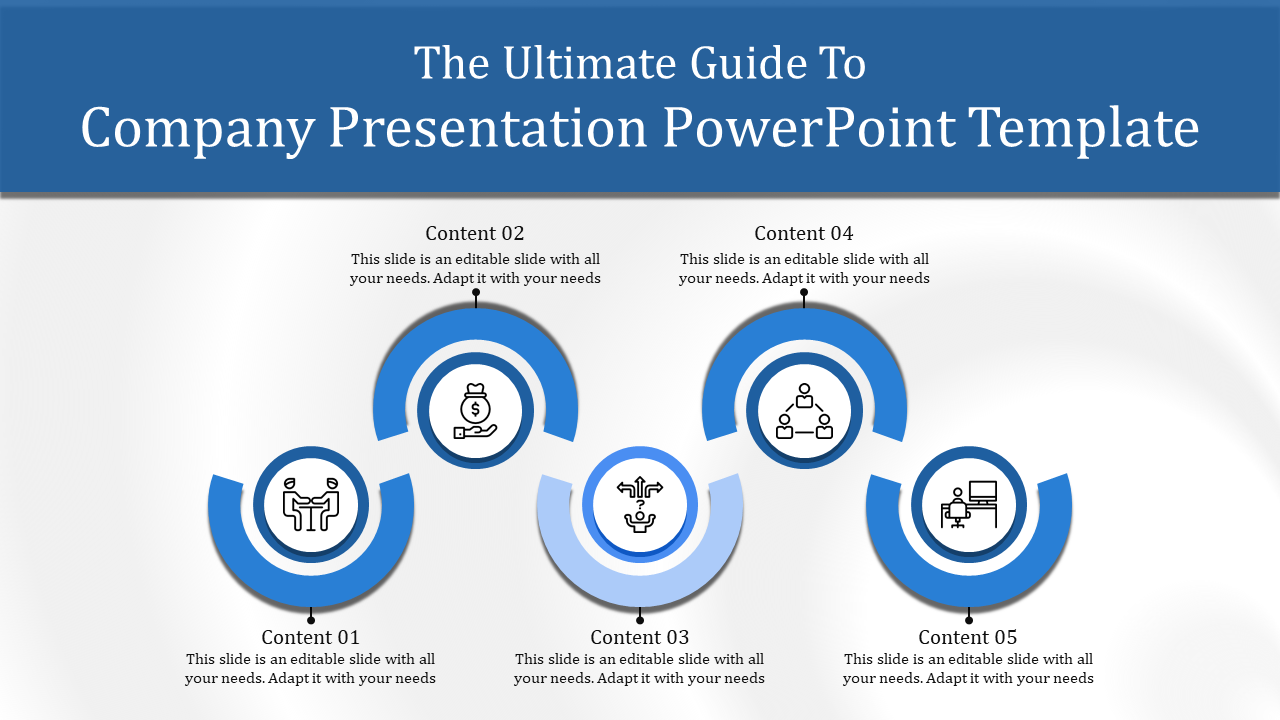 Company presentation slide with five blue semi circular icons aligned horizontally, each labeled with captions.