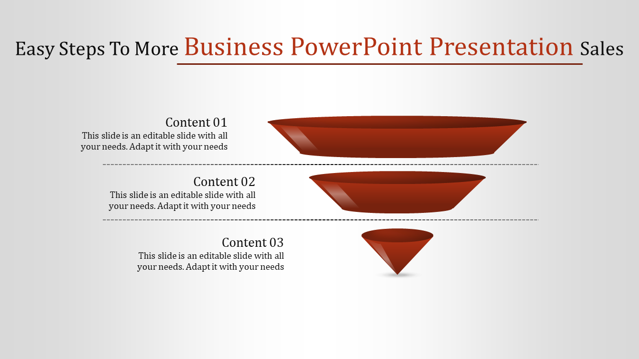 Funnel diagram illustrating three stages of business PowerPoint sales process in red gradient design.