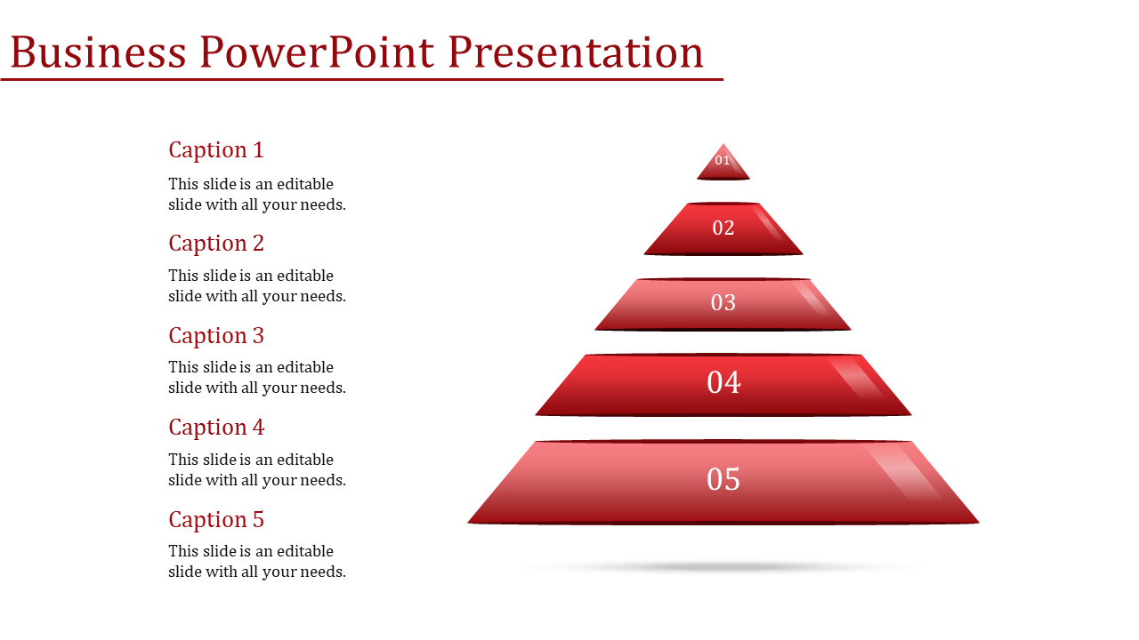 Red pyramid diagram with five levels, numbered from 01 at the top to 05 at the base, and captions aligned to the left.