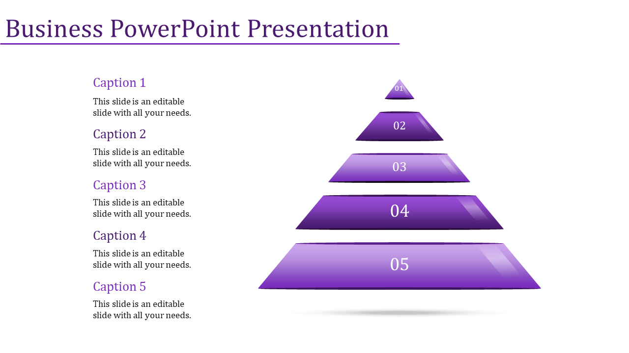 Five-tiered purple pyramid design for business, featuring numbered segments and aligned captions explaining each layer.