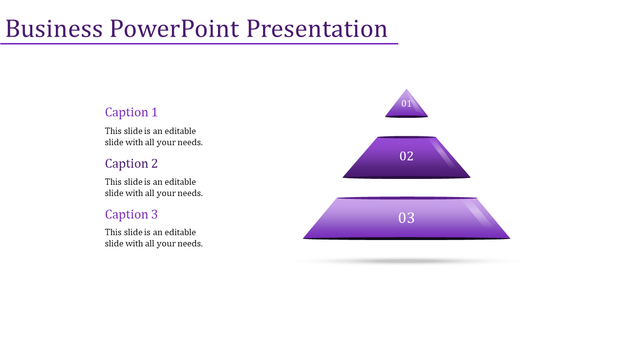 PowerPoint slide with a pyramid diagram featuring three levels, each labeled 01, 02, and 03, with captions on the left side.