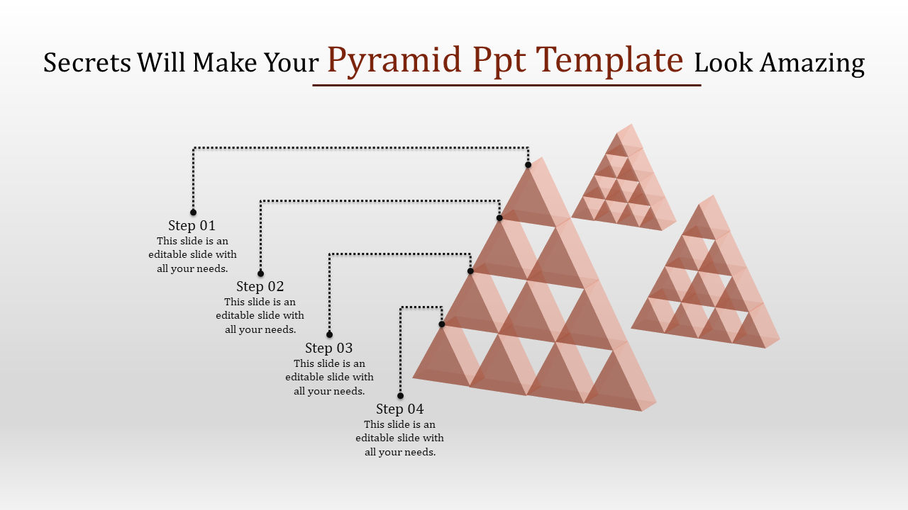 PowerPoint slide with four steps connected to triangular pyramids, demonstrating a process with dotted arrows.