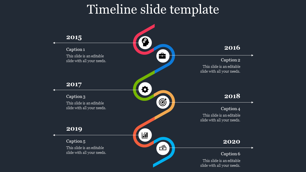 Slide layout showing a vertical timeline with a colorful curved line connecting six milestones marked by icons and years.