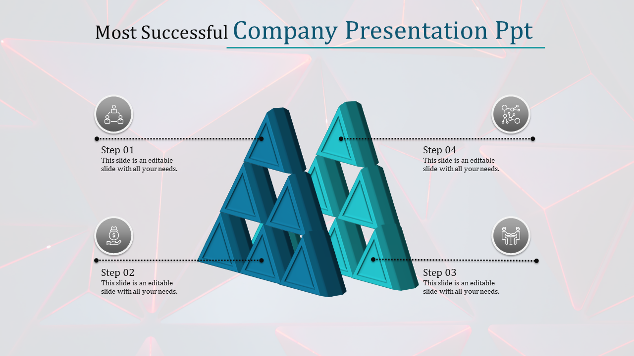 PowerPoint slide showing a 3D pyramid diagram with four sections, each labeled Step 04 with icons.