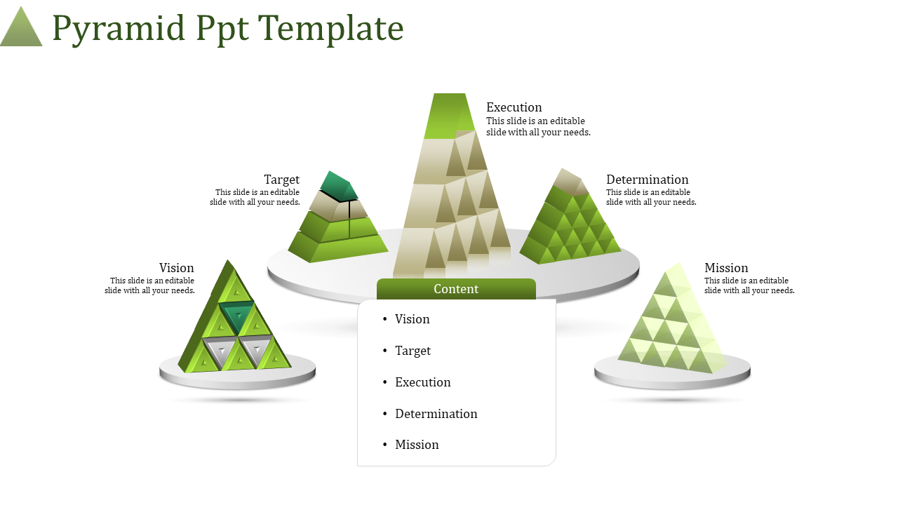 Business slide featuring a pyramid template with five sections, each labeled with a different business concept.