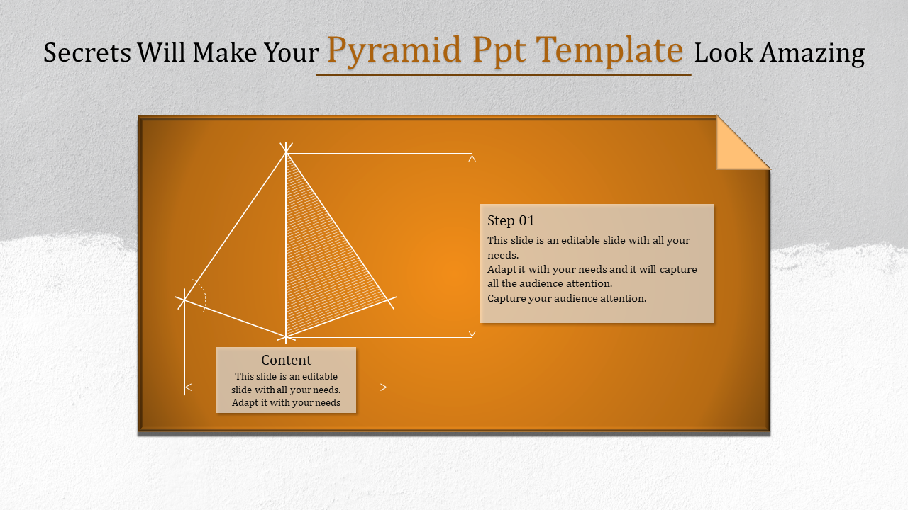 Structured layout with a pyramid wireframe on an orange background and labeled boxes for steps and content.