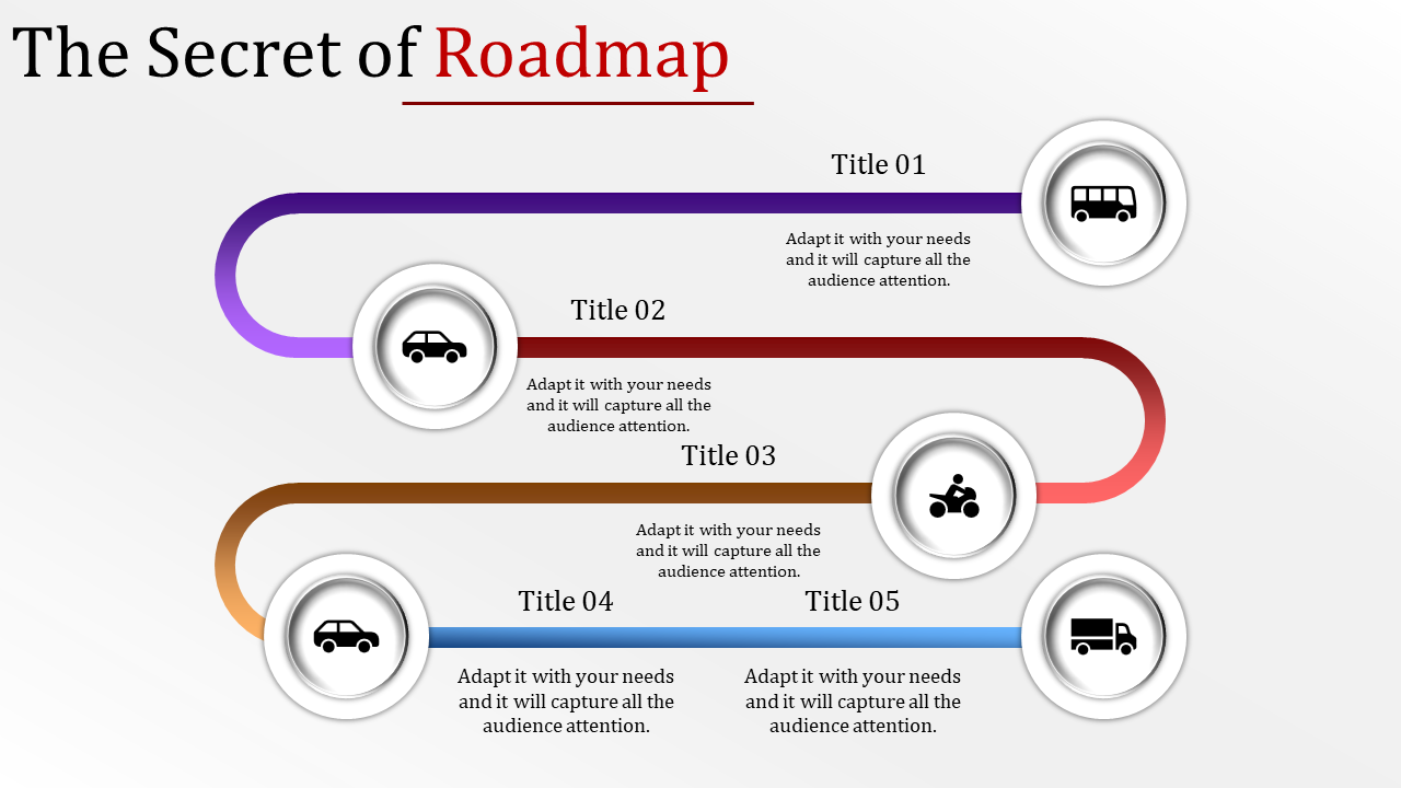 Slide showing a colorful roadmap with five vehicle icons and four titled steps, connected by curved lines.