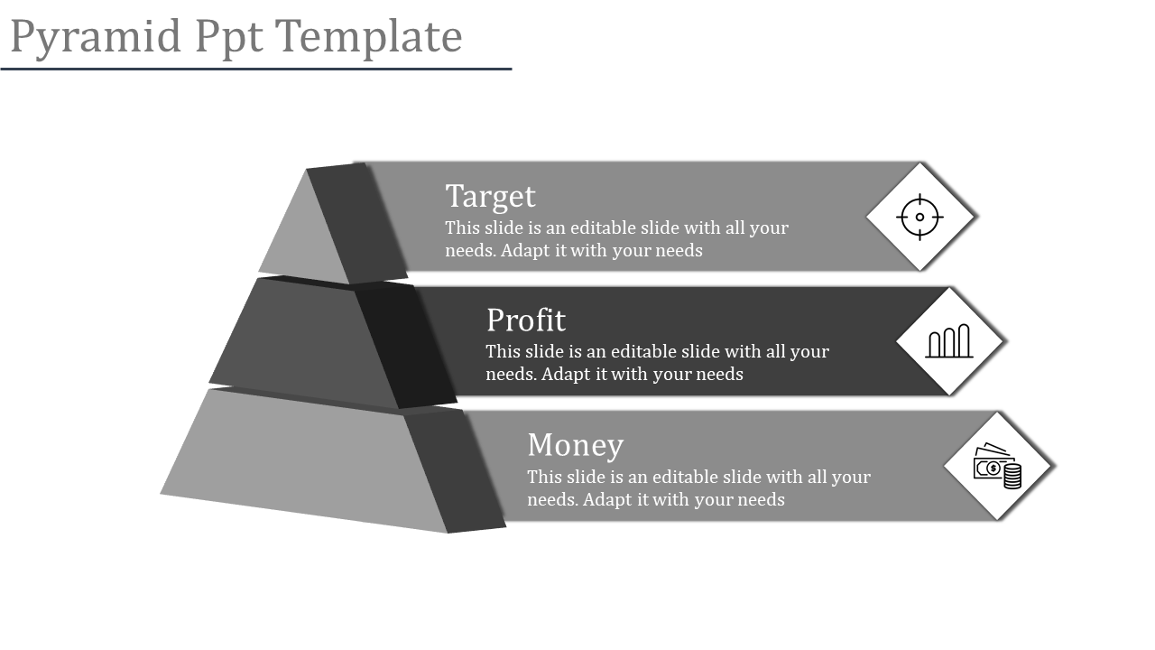 Horizontal pyramid template with three layers, each labeled and paired with icons representing targets, profits, and money