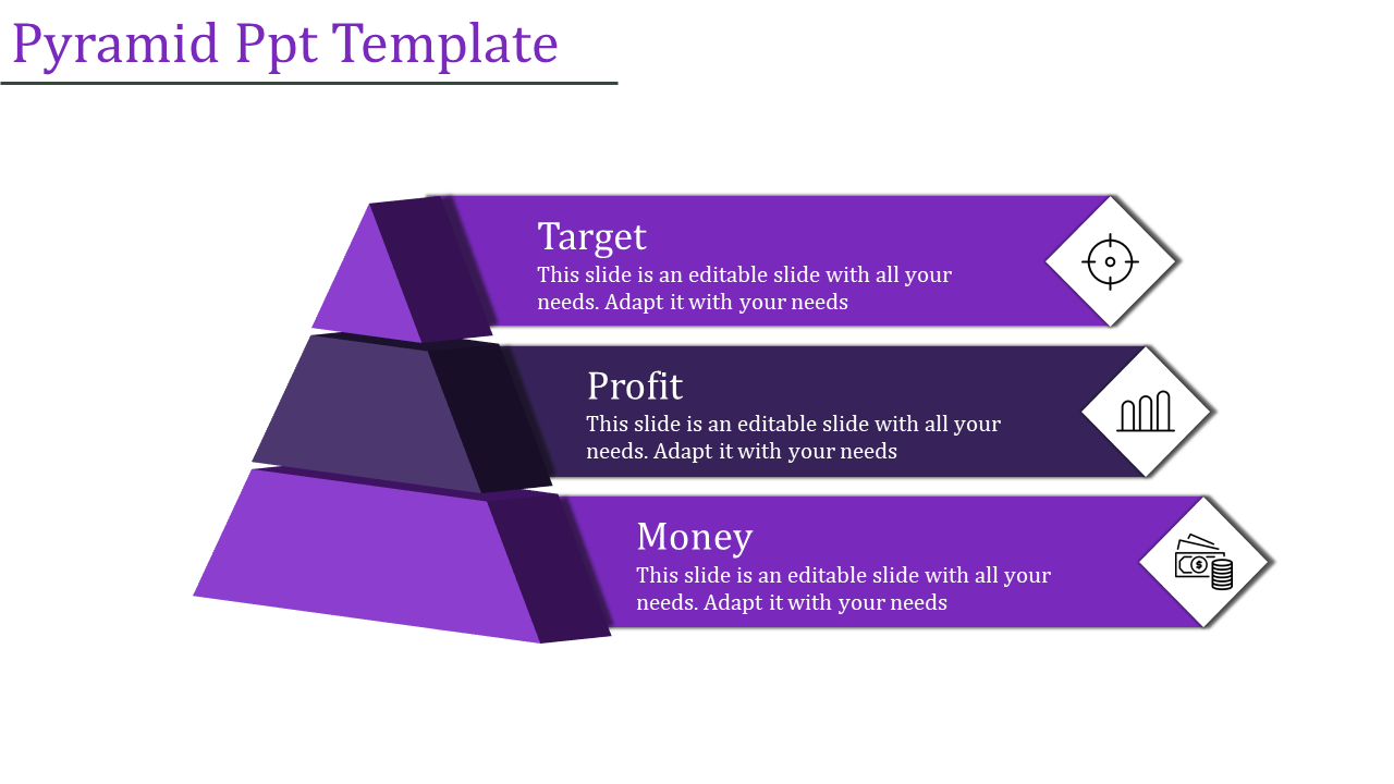 Pyramid diagram in varying shades of purple with three labeled segments and corresponding icons aligned on the right.