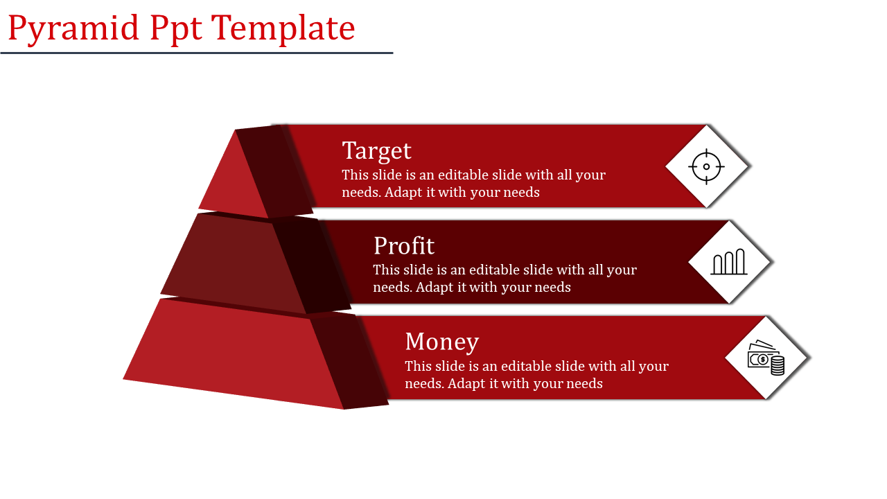 Horizontal pyramid template with three layers, each labeled and paired with icons representing targets, profits, and money.