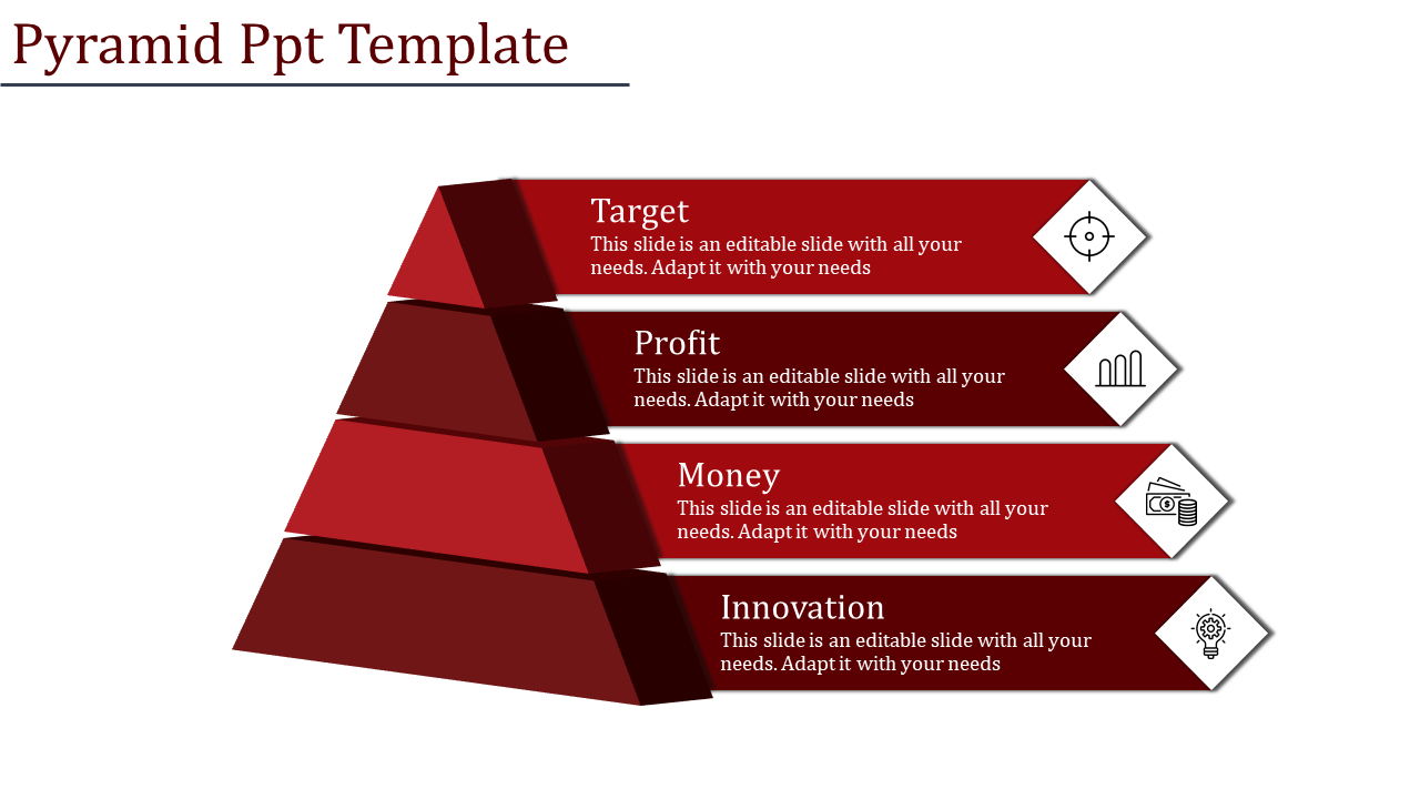 Pyramid design with four red horizontal sections labeled sections, each including an icon with caption areas.