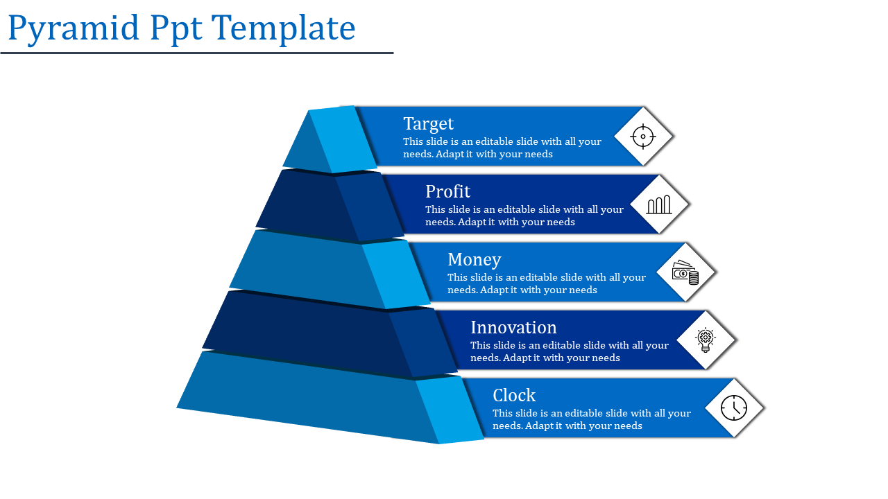 Pyramid template with five blue layers, each labeled and paired with icons representing targets and time.