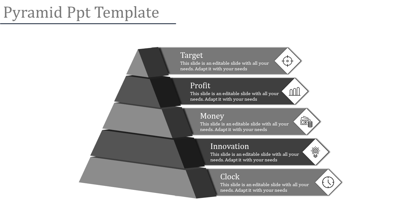 3D pyramid with five labeled segments: Target, Profit, Money, Innovation, and Clock, each with text and icon.