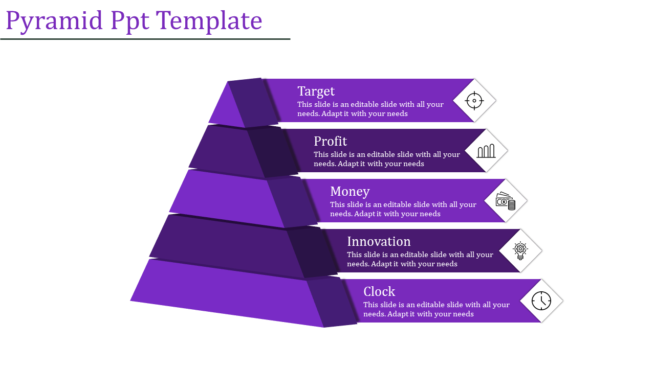 Purple pyramid shaped visual with five horizontal sections, each depicting a concept with text and corresponding icons.