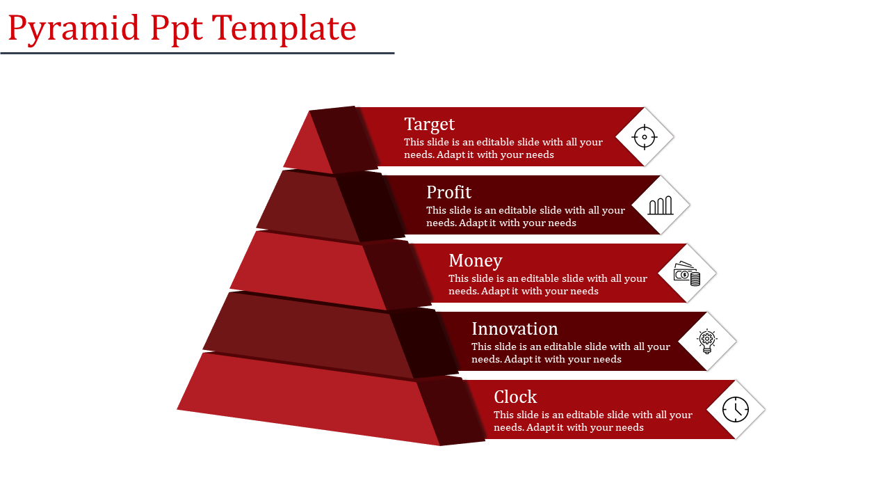 Red pyramid infographic slide with five levels labeled from Target to Clock, each with icons and descriptions.