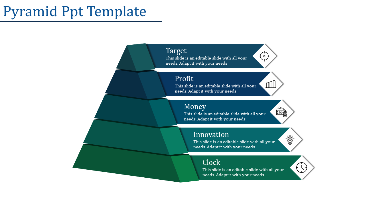 3D pyramid infographic with five levels, each associated with a title and icon, representing various concepts.