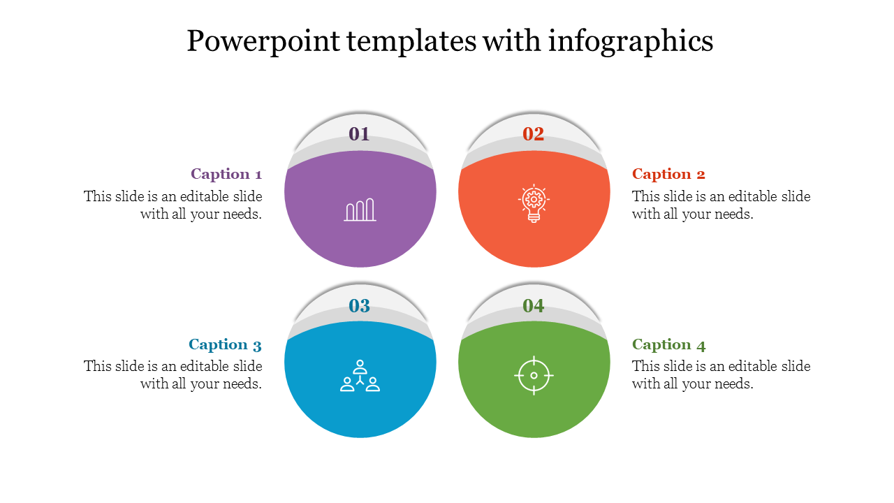 Slide showing four circular icons in purple, orange, blue, and green with captions labeled 01 to 04.