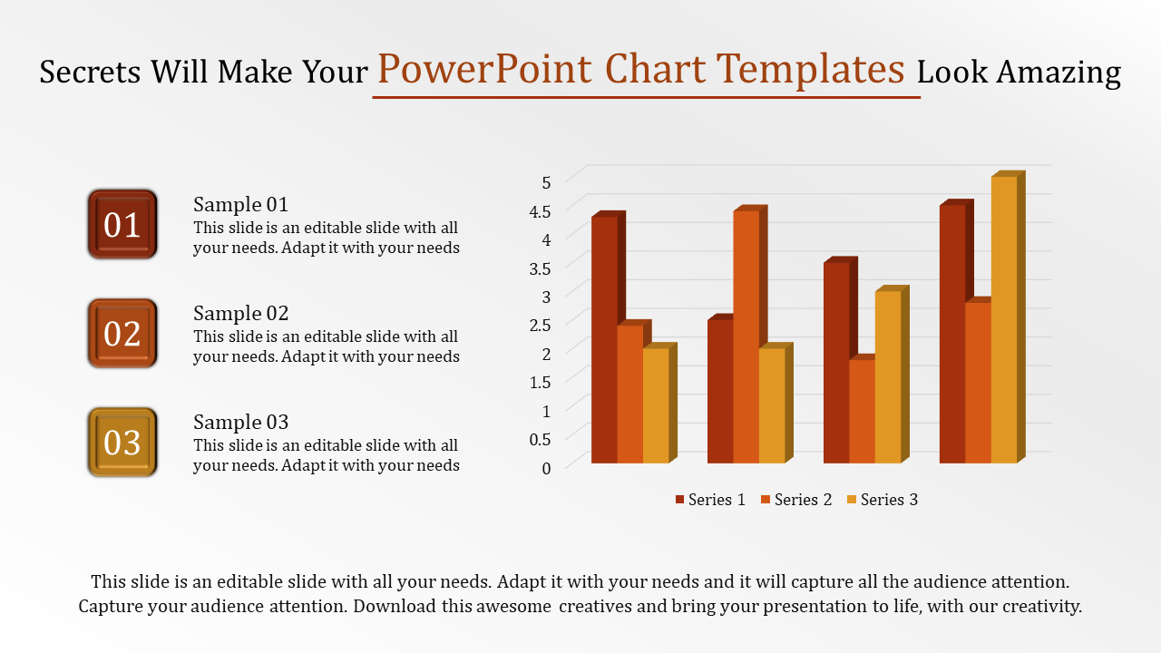 Three step chart template featuring a bar graph with red, orange, and yellow bars alongside numbered captions.