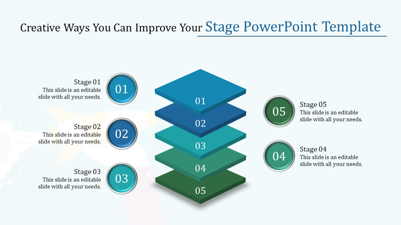 3D stacked stage diagram with five layers, labeled 01 to 05 in blue-green gradient, aligned with circular stage numbers.