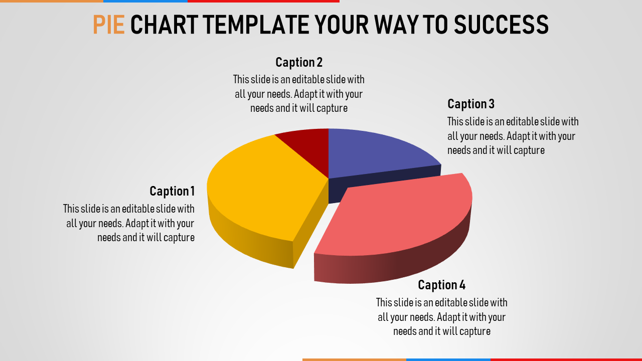 A 3D pie chart in yellow, red, blue, and pink sections on a gradient gray background with captions around it.