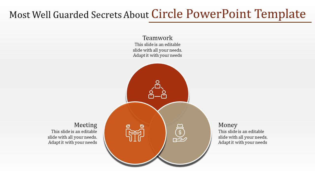 PowerPoint slide featuring a Venn diagram with icons representing teamwork, meeting, and money with captions.