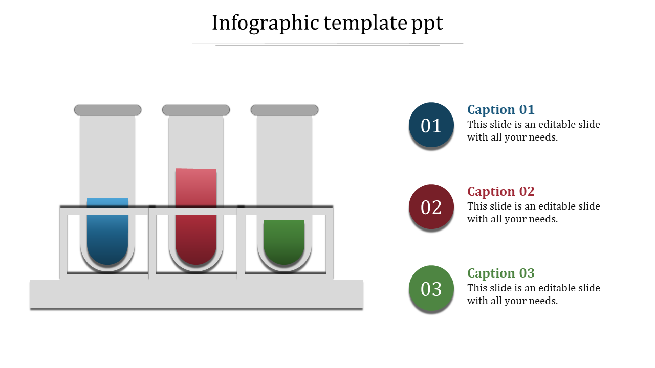 PowerPoint infographic template featuring three test tubes filled with different colors, each labeled with numbers.