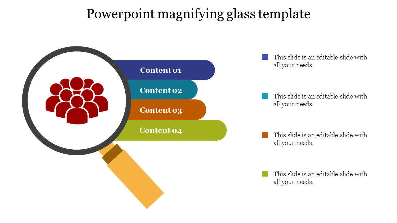 Magnifying glass focusing on a group of red figures with four colored content blocks with placeholder text.