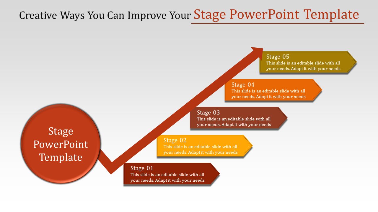 Progress timeline with five stages labeled 01 to 05 in different colors, connected by an ascending red arrow.