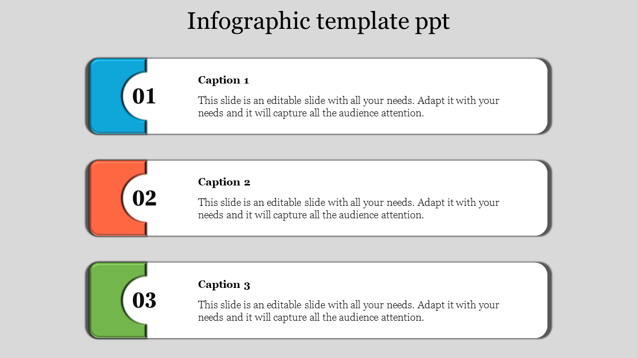 Three rectangular boxes in blue, orange, and green, stacked vertically, each with numbered circles and captions.