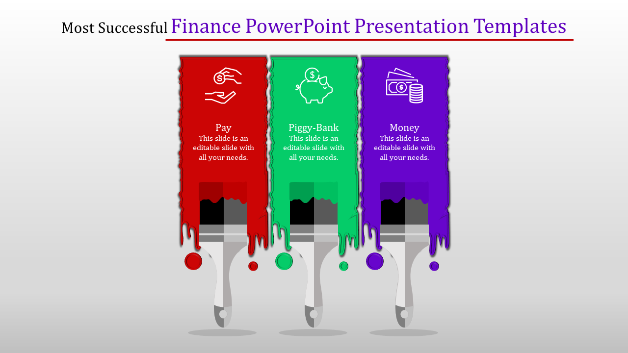 Finance PowerPoint template featuring colorful paintbrushes and icons representing Pay, Piggy Bank, and Money with captions.