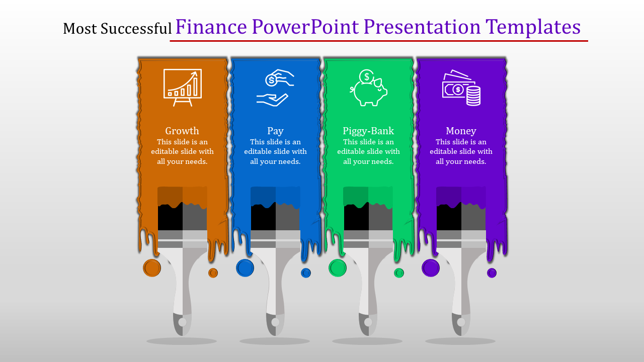 Finance slide with four colorful paintbrushes labeled Growth, Pay, Piggy-Bank, and Money, featuring icons.